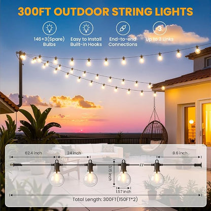LED Outdoor String Lights, 300FT Patio Lights Outdoor Waterproof with 146+3 Shatterproof G40 Edison Globe Bulbs, 2700K Warm White Hanging Light, Dimmable Light for Outside Backyard Garden Bistro Porch