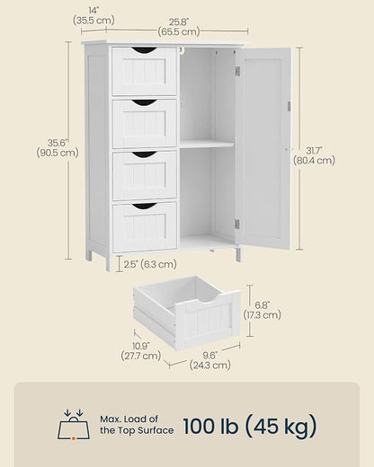 SONGMICS Home Floor Storage Cabinet, Freestanding Storage Cabinet for Bathroom, Kitchen, Living Room, 4 Drawers and Adjustable Shelf, White