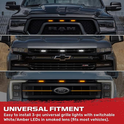 RECON - Universal 3-Pc Front Grille Ultra Bright High Power Switchable Amber or White LED Daytime Running Lights - Smoked Lens
