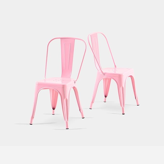 AC Pacific 18 Inch Seat Height Industrial Metal Dining Chairs, Stackable Kitchen or Bar Seat, Durable Modern Design, Versatile Accent Furniture, Set of 2, Pink