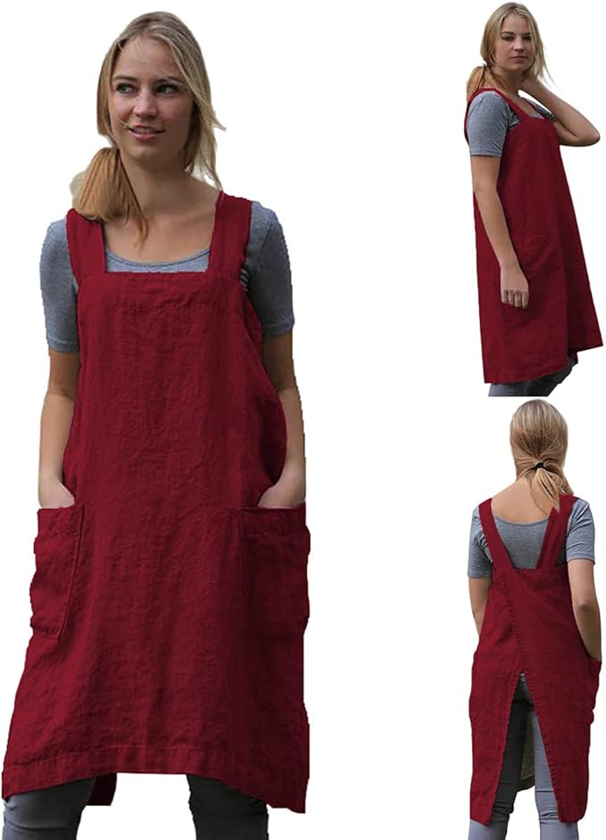 TBA Cotton Linen Apron Cross Back Apron for Women with Big Pockets Square Pinafore Dress for Baking Cooking BBQ & Grill