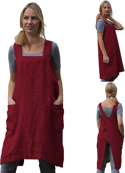 TBA Cotton Linen Apron Cross Back Apron for Women with Big Pockets Square Pinafore Dress for Baking Cooking BBQ & Grill