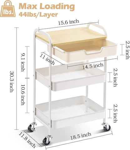 TOOLF 3-Tier Metal Utility Rolling Cart with Drawer and Wooden Table Top, Storage Cart White Trolley Kitchen Organizer Rolling Desk with Locking Wheels for Office, Classroom, Home, Bedroom