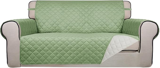 PureFit Reversible Quilted Couch Covers for Dogs Loveseat Sofa Cover 54" | Sage Green/Ivory, Water Resistant Couch Protector, Washable Pet Couch Cover with Non Slip and Elastic Straps For Kids