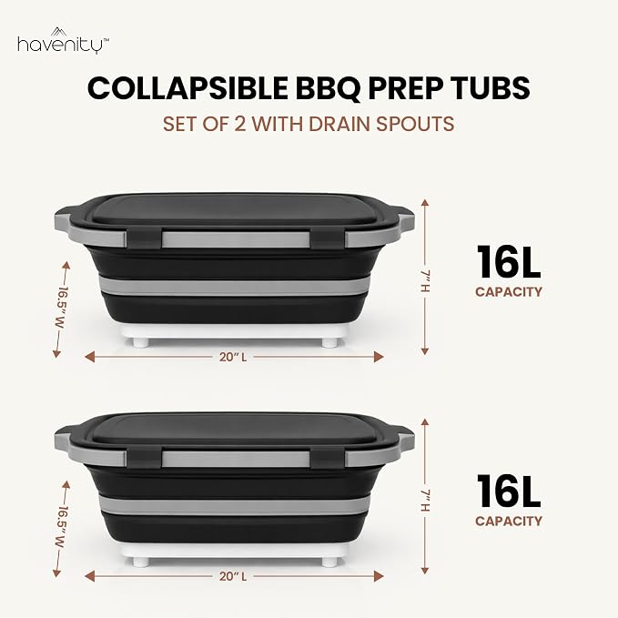 BBQ Prep Tub 2 Pack (16L+16L) - Multifunctional Collapsible Camping Cutting Board with Upgraded Locking lid, Meal Prep Meat Storage Container Perfect for Grilling, Outdoor Cooking (XL x 2)