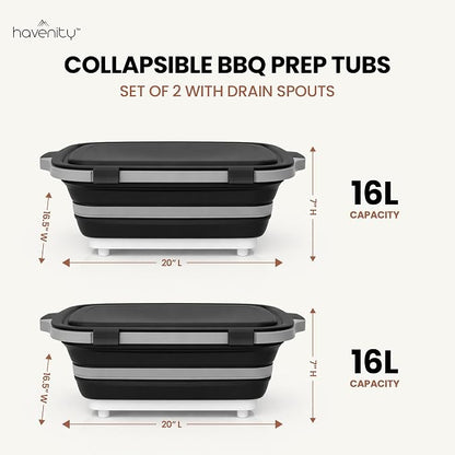 BBQ Prep Tub 2 Pack (16L+16L) - Multifunctional Collapsible Camping Cutting Board with Upgraded Locking lid, Meal Prep Meat Storage Container Perfect for Grilling, Outdoor Cooking (XL x 2)