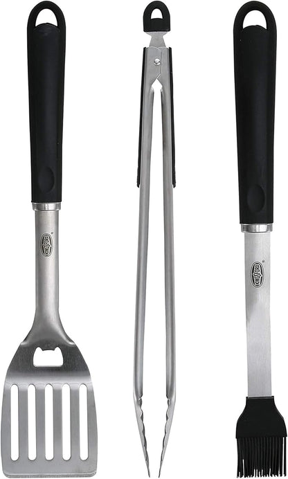 Kingsford 3-Piece Stainless Steel BBQ Tool Set with Spatula, Tongs with Rubber Grip, and Silicone Basting Brush, Rust-Resistant Grilling Tools for Outdoor Cooking, 3 Count
