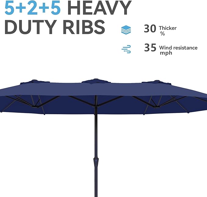 Kingdura 15ft Large Patio Umbrella with Base Included, Double-Sided Rectangle Outdoor Table Umbrella with 12 Reinforced Ribs, Crank Lift for Market Pool Deck Backyard, Navy blue