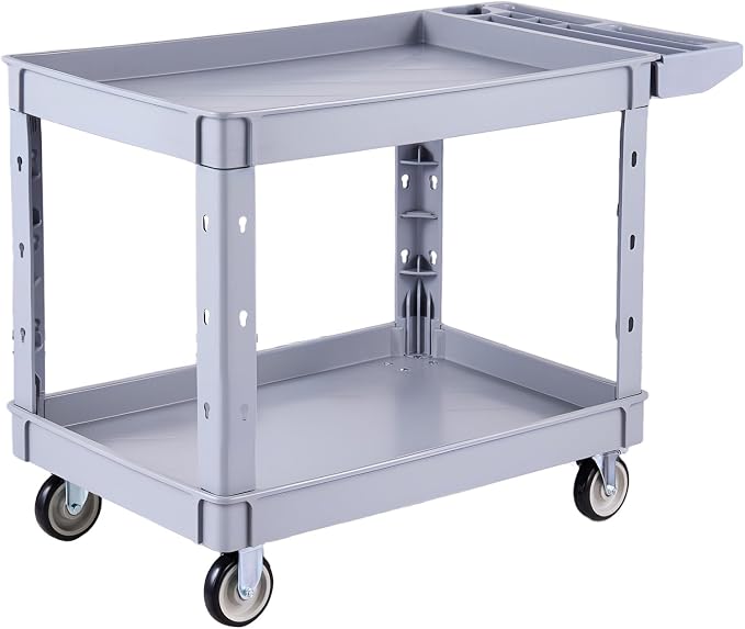 VEVOR Utility Cart, 550 lbs Capacity, 2 Tier Service Cart with 360° Swivel & Fixed Wheels (2 with Brakes), Heavy Duty Plastic Rolling with Storage Tray, Tool Storage for Garage Warehouse Workshop Gray