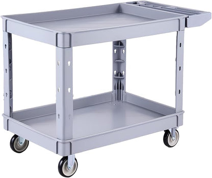 VEVOR Utility Cart, 550 lbs Capacity, 2 Tier Service Cart with 360° Swivel & Fixed Wheels (2 with Brakes), Heavy Duty Plastic Rolling with Storage Tray, Tool Storage for Garage Warehouse Workshop Gray