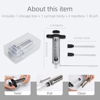 Meat Injector - 2 Stainless Steel Needles for Marinade, Brine & Flavor Injection, with Measurement Window & Cleaning Brush Perfect for Turkey, Chicken, Beef, Pork Smoking, Frying & Grilling(LPMI-02)