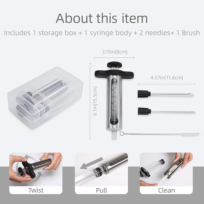 Kitchen Meat Injector, Leak-Proof Stainless Steel Flavor Marinade Syringe with 2 Different Needles and 1.5-oz Measurement Window,Perfect for Smoking, Frying, and Brining Meat for Deep Seasoning(MI-06)