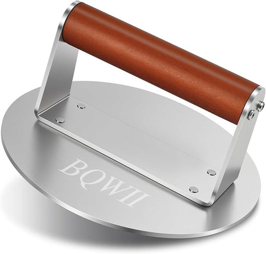 6.3inch Burger Press, Round Stainless Steel Meat Patty Pressing Tool, Suitable for Burger Patties, Steaks, BBQ, Bacon,Baking, Grill Press with Wood Handle