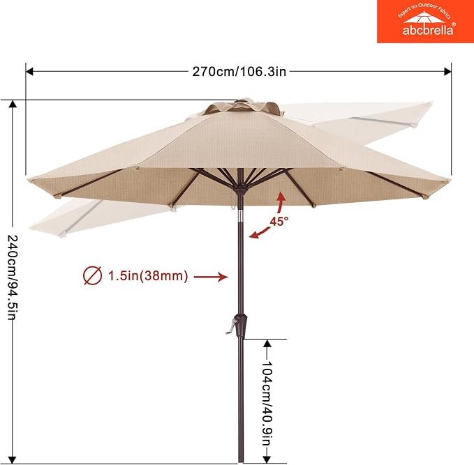 ABCCANOPY OLEFIN® 5-Year No Fading 9FT Outdoor Patio Umbrella(Light Beige) | Fade & UV Resistant Fabric,8 Fiberglass Ribs，Wind Vent，Crank Lift & Tilt,Outdoor Table Umbrella for Deck,Backyard,Yard
