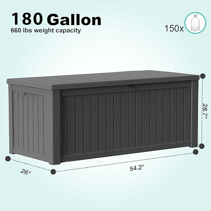 PatioZen 180 Gallon Deck Box,Resin Outdoor Storage Box with Lockable for Patio Furniture, Pool Accessories, Garden Tools Waterproof Outside Storage Box (Black)