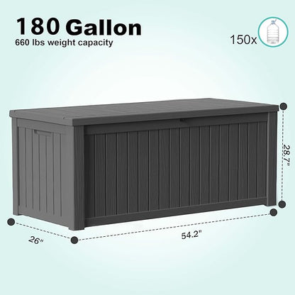 PatioZen 180 Gallon Deck Box,Resin Outdoor Storage Box with Lockable for Patio Furniture, Pool Accessories, Garden Tools Waterproof Outside Storage Box (Black)