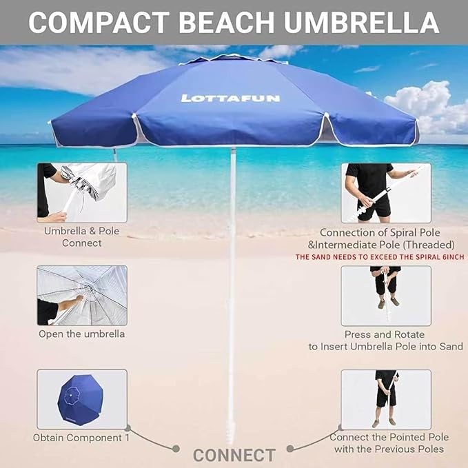 LOTTAFUN 6ft Beach Umbrella - Heavy Duty Wind Resistant UV 50+ Portable Sun Shade with Sand Anchor & Carry Bag, Outdoor Folding Umbrella for Beach, Pool, Patio, Garden (Dark Blue) No Tilt The sand needs to exceed the spiral 6inch