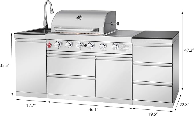 4-Burner 72000 BTU Stainless Steel Gas Outdoor Kitchen Island Grill with 3 Soft-Close Drawers, Single Door Cabinet & Pull-Out Sink, Patio, Lawn, Backyard, Silver