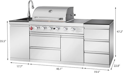 4-Burner 72000 BTU Stainless Steel Gas Outdoor Kitchen Island Grill with 3 Soft-Close Drawers, Single Door Cabinet & Pull-Out Sink, Patio, Lawn, Backyard, Silver