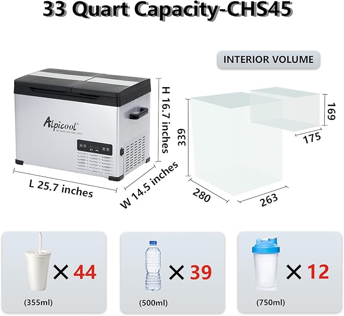 Alpicool CHS45 Dual Temperature Control 12 Volt Refrigerator 33 Quart Portable Car Fridge Freezer (-4°F~68°F) for Truck,RV,Camping and Travel