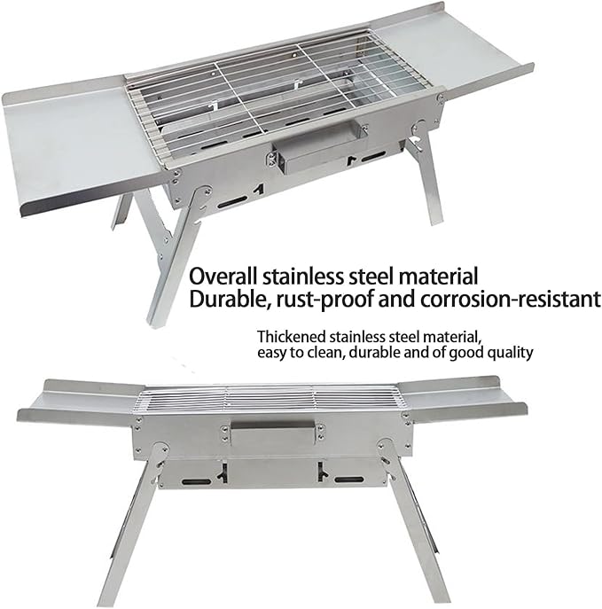 Portable Foldable Charcoal Grill, 304 Stainless Steel, No Assembly Required, Adjustable Charcoal Pan Height, Built-In Seasoning Board, 3-Second Open & Close, for Camping & Picnics