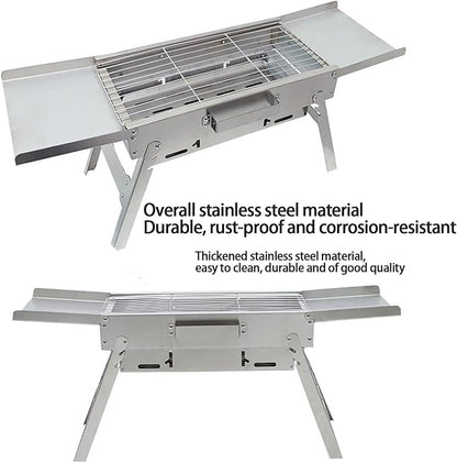 Portable Foldable Charcoal Grill, 304 Stainless Steel, No Assembly Required, Adjustable Charcoal Pan Height, Built-In Seasoning Board, 3-Second Open & Close, for Camping & Picnics