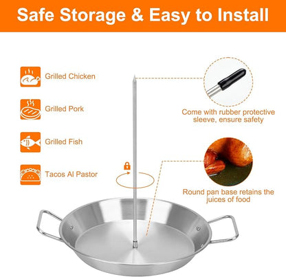 Al Pastor Skewer for Grill, Stainless Steel Shawarma Skewer Stand Vertical Pan with 3 Removable Spikes (8”/10"/12”) & Brushes for Tacos Al Pastor, Grill Smoker Oven BBQ