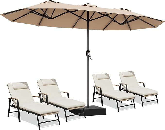 AreShark 15ft Patio Umbrella with Base, Double Sided Outdoor Umbrella with 12 Fiberglass Ribs, Large Outdoor Umbrella for Garden, Pool, Deck, Backyard & Market, Beige