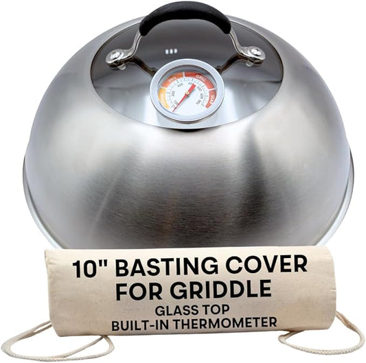 Basting Cover for Griddle with Thermometer and Glass Top, 10-Inch Stainless Steel Melting Dome with Steam Vent for BBQ and Grilling on Flat Top, Blackstone Griddle Accessories