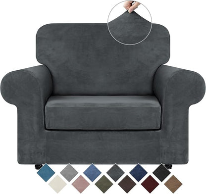 WEERRW Velvet Stretch 2 Pieces Chair Sofa Slipcovers Washable, Dark Grey | Armchair Slipcovers Luxury Soft Velvet Plush Furniture Protector Couch Cover with Elastic Bottom for Kids Pets, Small