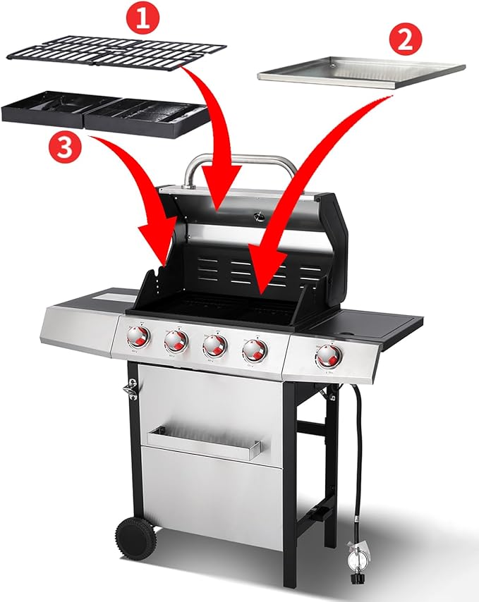 Dual Fuel 4-Burner Gas Grill with Side Burner & Charcoal Trays, 4-in-1 Outdoor BBQ & Griddle Combo, Cast Iron Grates + Flat Top, 448 sq in Large Portable for Backyard Camping