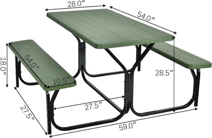 COSTWAY Outdoor Picnic Table, HDPE Plastic Picnic Table Bench Set | Weather Resistant Tabletop & Wood Texture, Ideal for Patio, Backyard (59" D x 54" W x 28.5" H,Green)