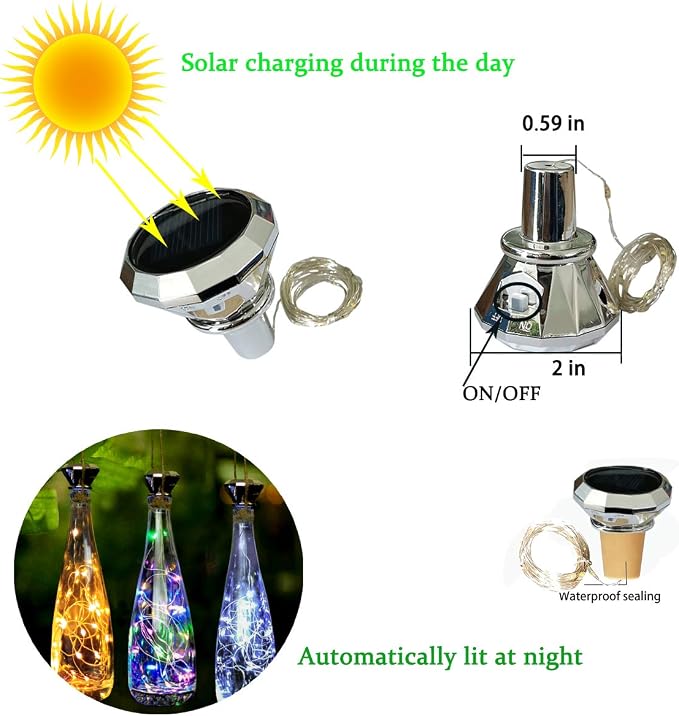 Solar Diamond Wine Bottle Lights 10 Pack 20LED Outdoor Waterproof Multicolor Fairy Light String (3 Colors), Suitable for Most Wine Bottle Mouths, for Garden, Terrace, Party Decoration