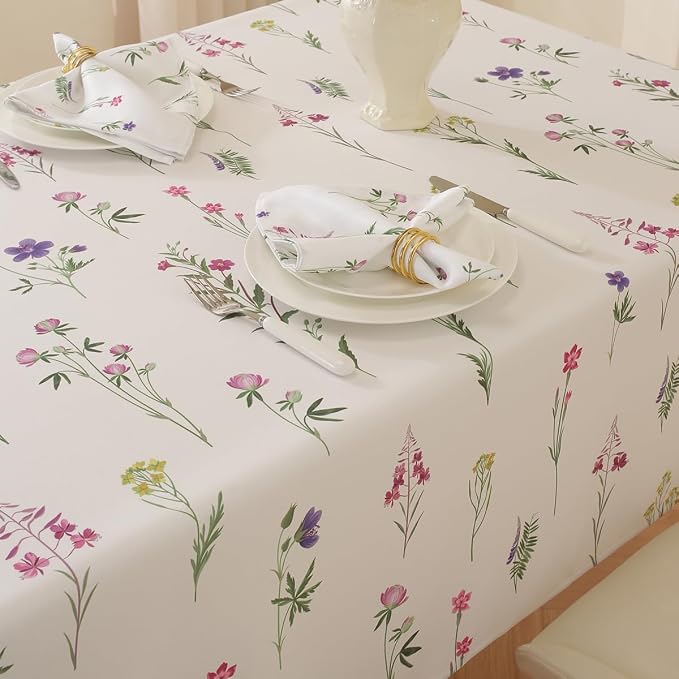 SASTYBALE Floral Tablecloth, 52 x 70 Inch Rectangle | Wildflower Print, Rectangular Table Cover, Waterproof, Stain Resistant Fabric, Summer Kitchen Dining Farmhouse Decor