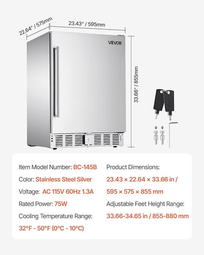 VEVOR 24-Inch Indoor/Outdoor Beverage Refrigerator, 150 QT Freestanding or Undercounter Beverage Fridge, 180 Cans Built-in Beer Fridge with Stainless Steel Body for Residential Home Bar Commercial Use