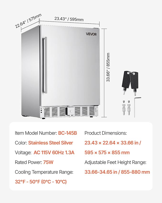 VEVOR 24-Inch Indoor/Outdoor Beverage Refrigerator, 150 QT Freestanding or Undercounter Beverage Fridge, 180 Cans Built-in Beer Fridge with Stainless Steel Body for Residential Home Bar Commercial Use
