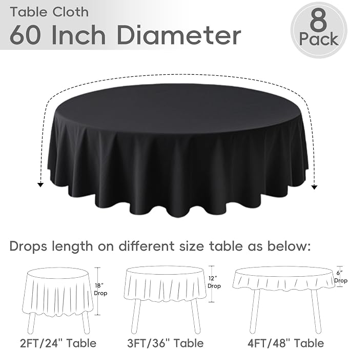 8 Pack Black Round Tablecloths 60 Inch | For 2Ft-3Ft Round Table, Wrinkle Resistant Table Cloth, Washable Polyester Fabric, For Wedding Party Banquet Buffet Camping