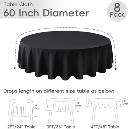8 Pack Black Round Tablecloths 60 Inch | For 2Ft-3Ft Round Table, Wrinkle Resistant Table Cloth, Washable Polyester Fabric, For Wedding Party Banquet Buffet Camping