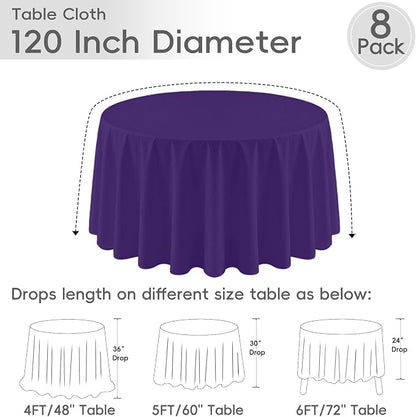 8 Pack Purple Round Tablecloth 120 Inch | For 4Ft-7Ft Round Table, Wrinkle Resistant Table Cloth, Washable Polyester Fabric, For Wedding Party Banquet Buffet Camping