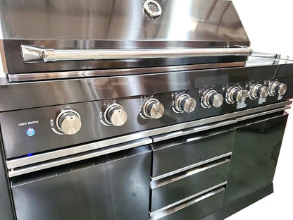 3 Piece 10' Foot Modular Marble Top Black Stainless Steel Outdoor BBQ Kitchen Island Grill, Propane or Natural Gas, with Refrigerator and Sink Modules, 3PMGB