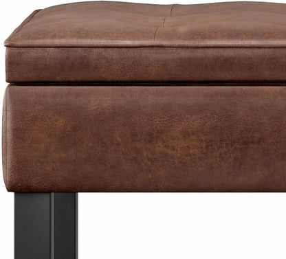 SIMPLIHOME Cosmopolitan Storage Ottoman Bench - 44 inch Wide Upholstered Vegan Leather Rectangle Storage Ottoman in Distressed Saddle Brown, Transitional Bench for Bedroom with Tufted Lift-Top