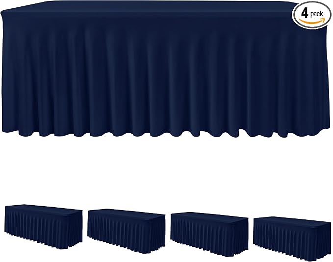 4 Pack Navy Spandex Table Covers 6ft Rectangle Ruffle Skirts for Party | Elastic Table Covers 6 Foot, Pleated Fitted Table Cloths, Wrinkle Resistant Elegant Table Skirts Wedding, Banquets