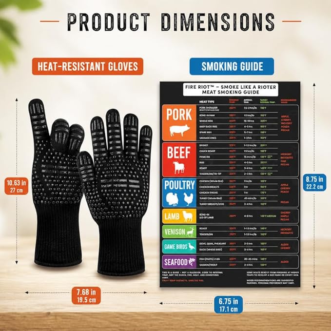 Heat-Resistant BBQ & Oven Gloves with Meat Smoking Guide – Non-Slip Silicone Grip, One Size Fits Most, Ideal for Grilling, Smoking, Baking & Cooking – Black