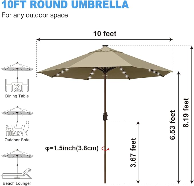 Eurmax USA 10-Year-Non-Fading 10FT Outdoor Patio Market Umbrella with LED Lights,UPF50+ UV Resistant,Heavy Duty Commercial Grade,Crank Lift Design,Windproof Vented Top for Garden,Pool,Deck,Mushroom