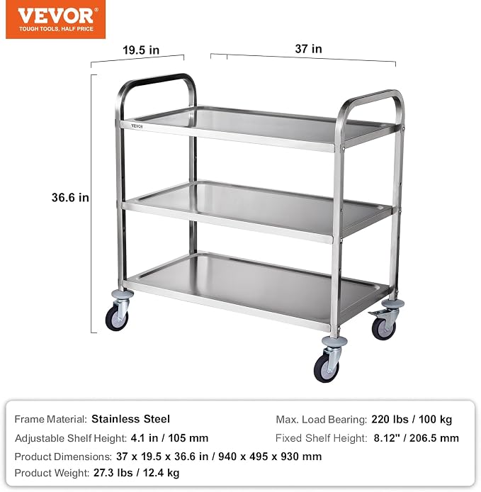 VEVOR Extra Large Utility Cart, 3 Tier Rolling Cart with Adjustable Shelf, Stainless Steel Kitchen Serving Cart with Swivel Casters Brake Wheels, Metal Food Storage Service Trolley, 37"L x 20"D x 37"H