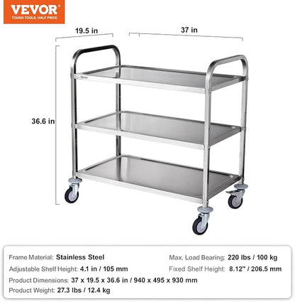 VEVOR Extra Large Utility Cart, 3 Tier Rolling Cart with Adjustable Shelf, Stainless Steel Kitchen Serving Cart with Swivel Casters Brake Wheels, Metal Food Storage Service Trolley, 37"L x 20"D x 37"H