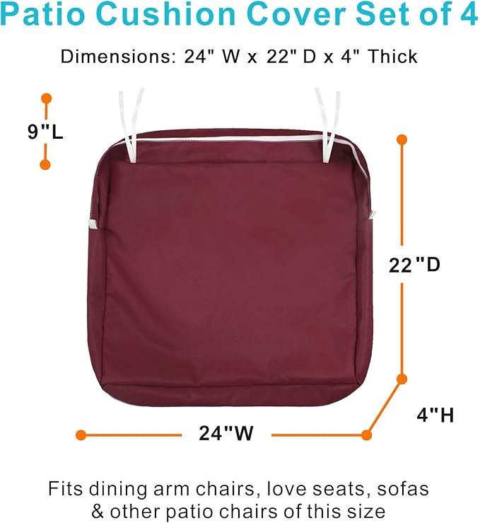 NettyPro Outdoor Cushion Covers Replacement Set 4 Water Repellent UV Resistant Patio Chair Seat Cushion Slipcover with Zipper and Tie, 24 x 22 x 4 Inch, Burgundy