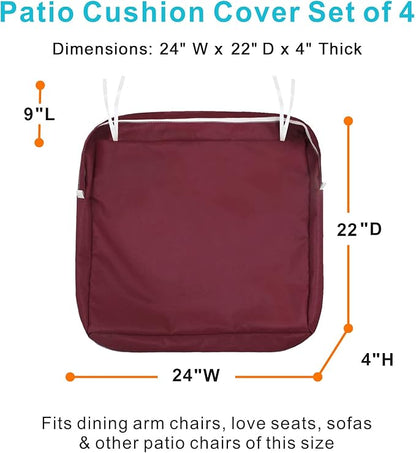 NettyPro Outdoor Cushion Covers Replacement Set 4 Water Repellent UV Resistant Patio Chair Seat Cushion Slipcover with Zipper and Tie, 24 x 22 x 4 Inch, Burgundy