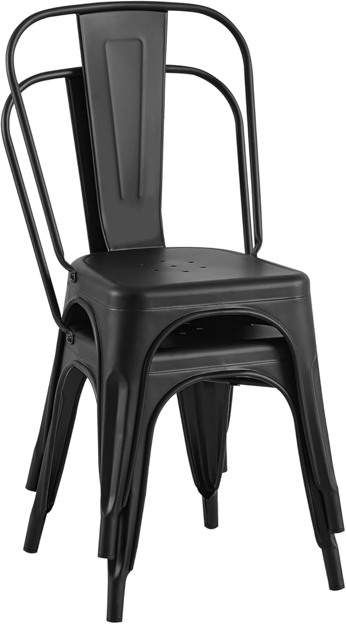 AC Pacific Stackable Metal Dining Chairs Set of 2 for Indoor and Outdoor Use, Durable Stacking Seat, Farmhouse Kitchen, Bar, Patio, Bistro, Cafe, Industrial Style, 2pcs, Matte Black