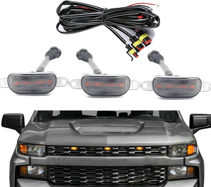 compatible with Amber LED Lights 3PCS Front Grill Lamps Car Accessories with Harness wire,Yellow Lens Compatible with Chevrolet Silverado 1500 2016 2017 2018 2019 2020 2021 Style Grille Trim